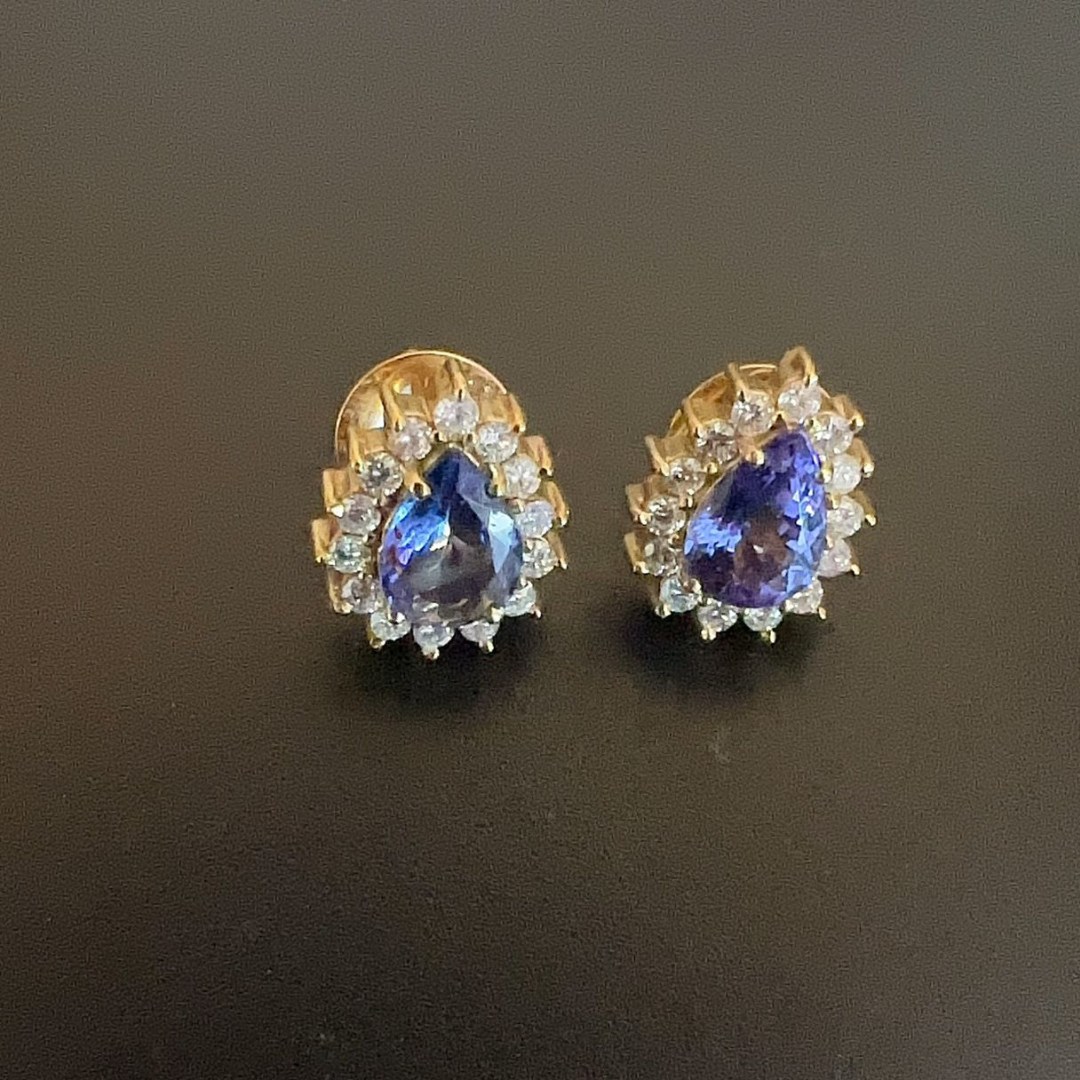 Brincos Gota em Ouro Amarelo, Tanzanita e Brilhantes