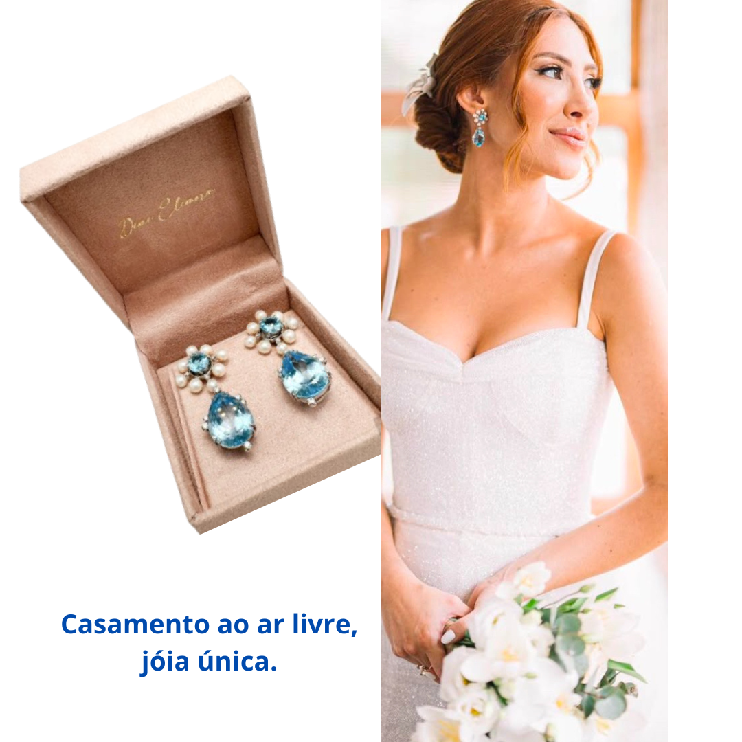 Brinco em Ouro Branco, Topázio e Pérolas